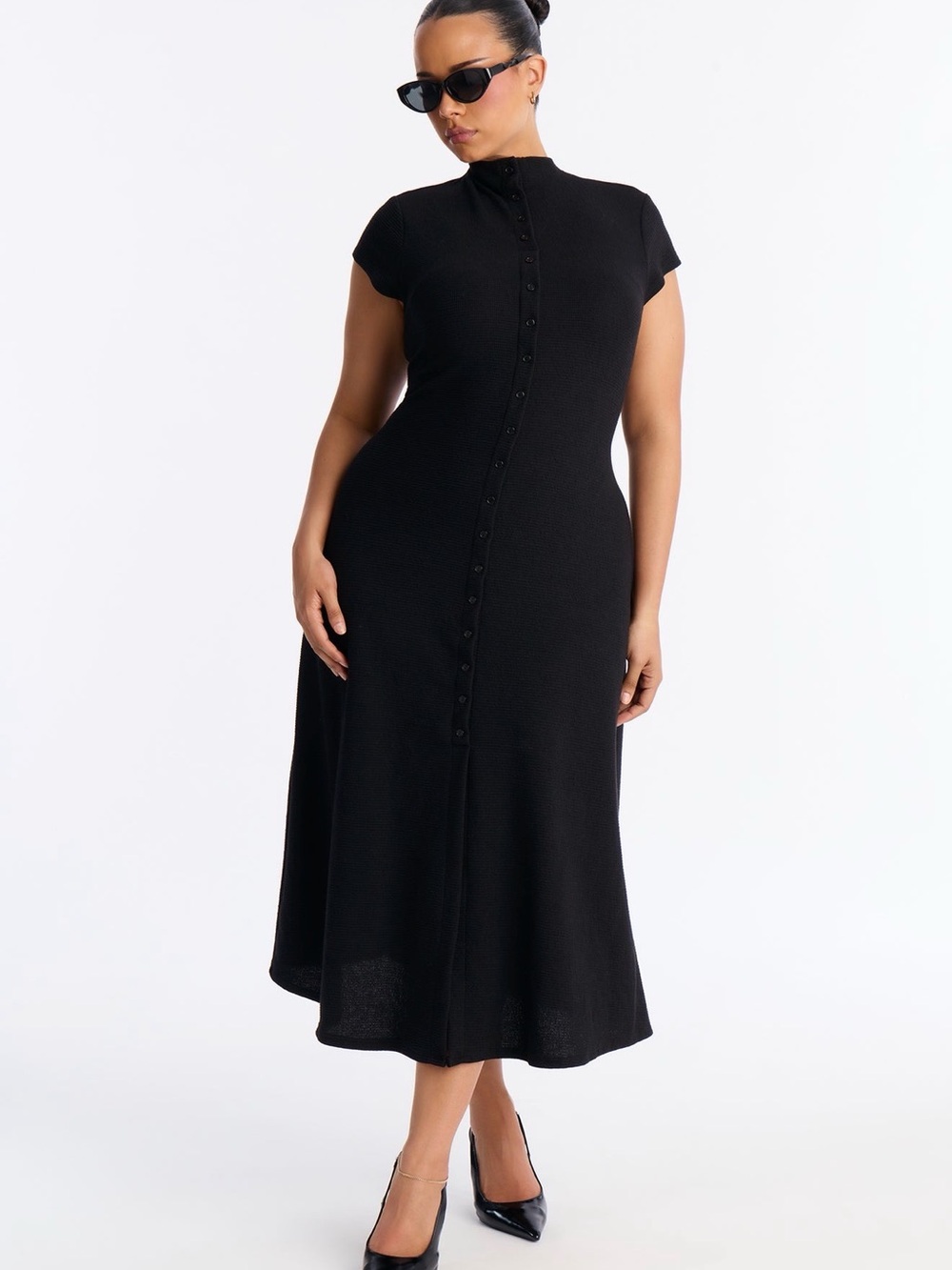 Fashion Nova Black Button-Front Cap Sleeve Midi Dress